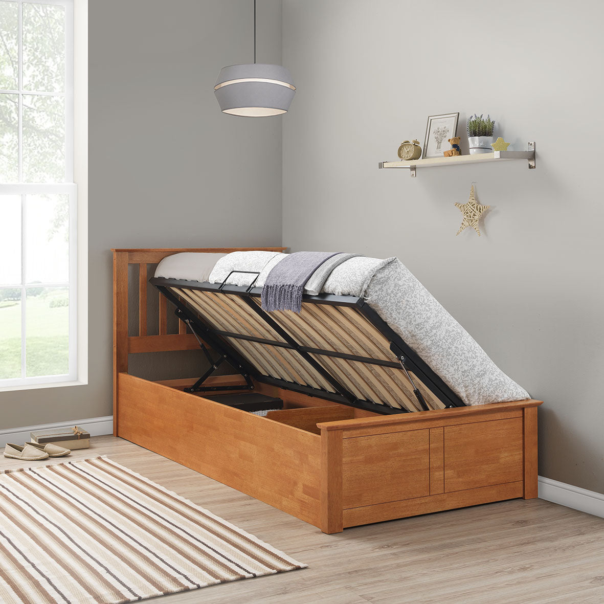 Francis Wooden Single Ottoman Bed (white, grey, oak)