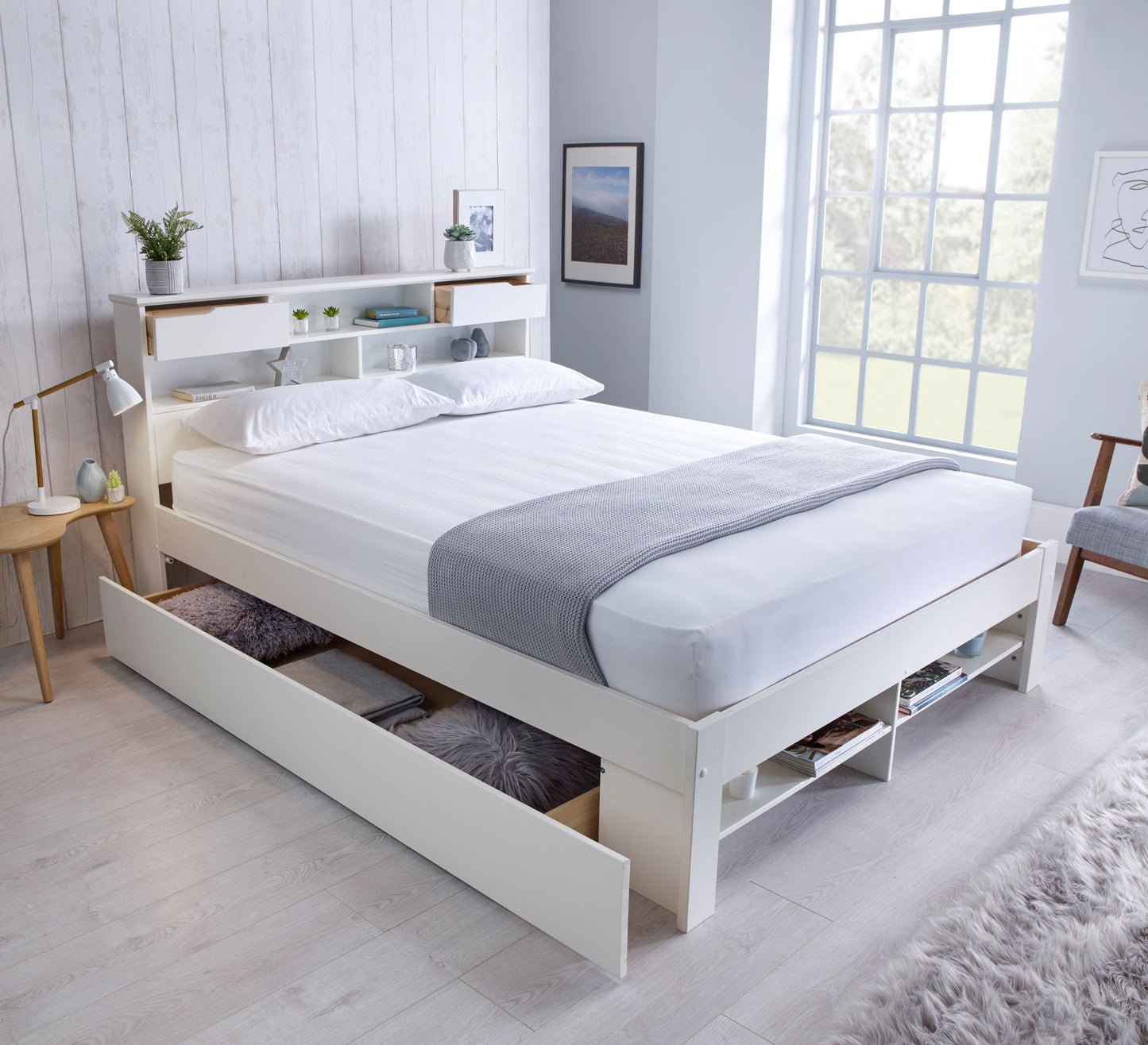 Fabio wooden bed with plenty of storage space (white, grey)