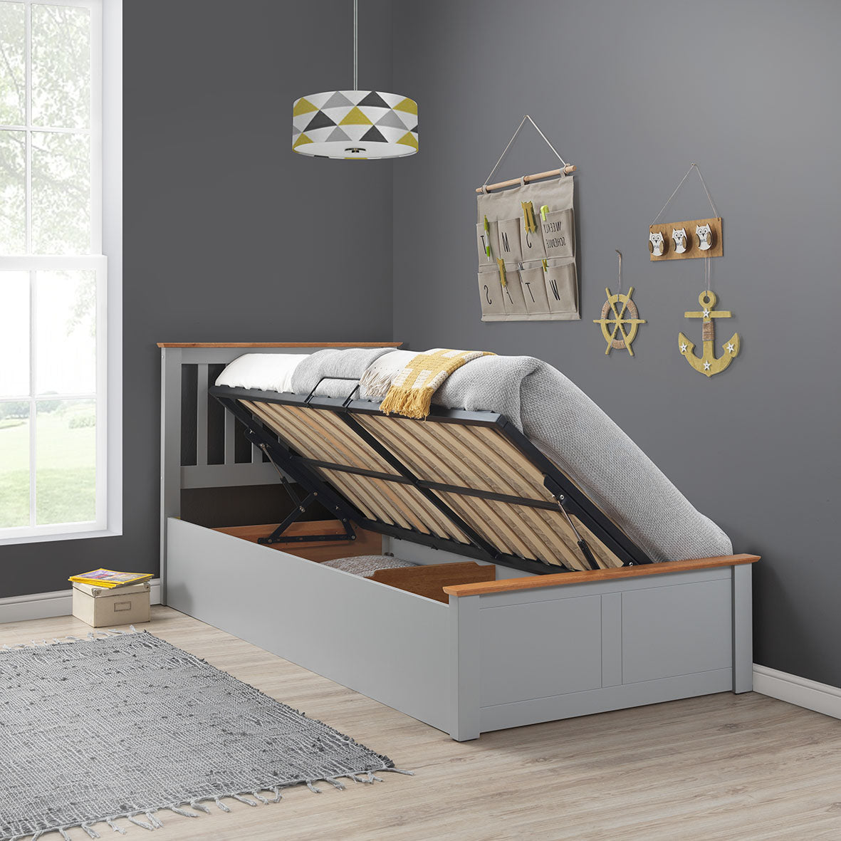 Francis Wooden Single Ottoman Bed (white, grey, oak)