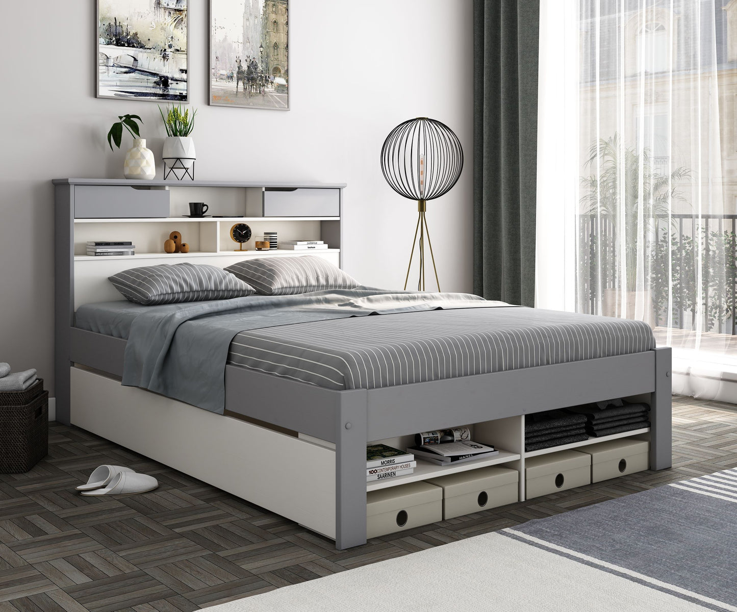 Fabio wooden bed with plenty of storage space (white, grey)