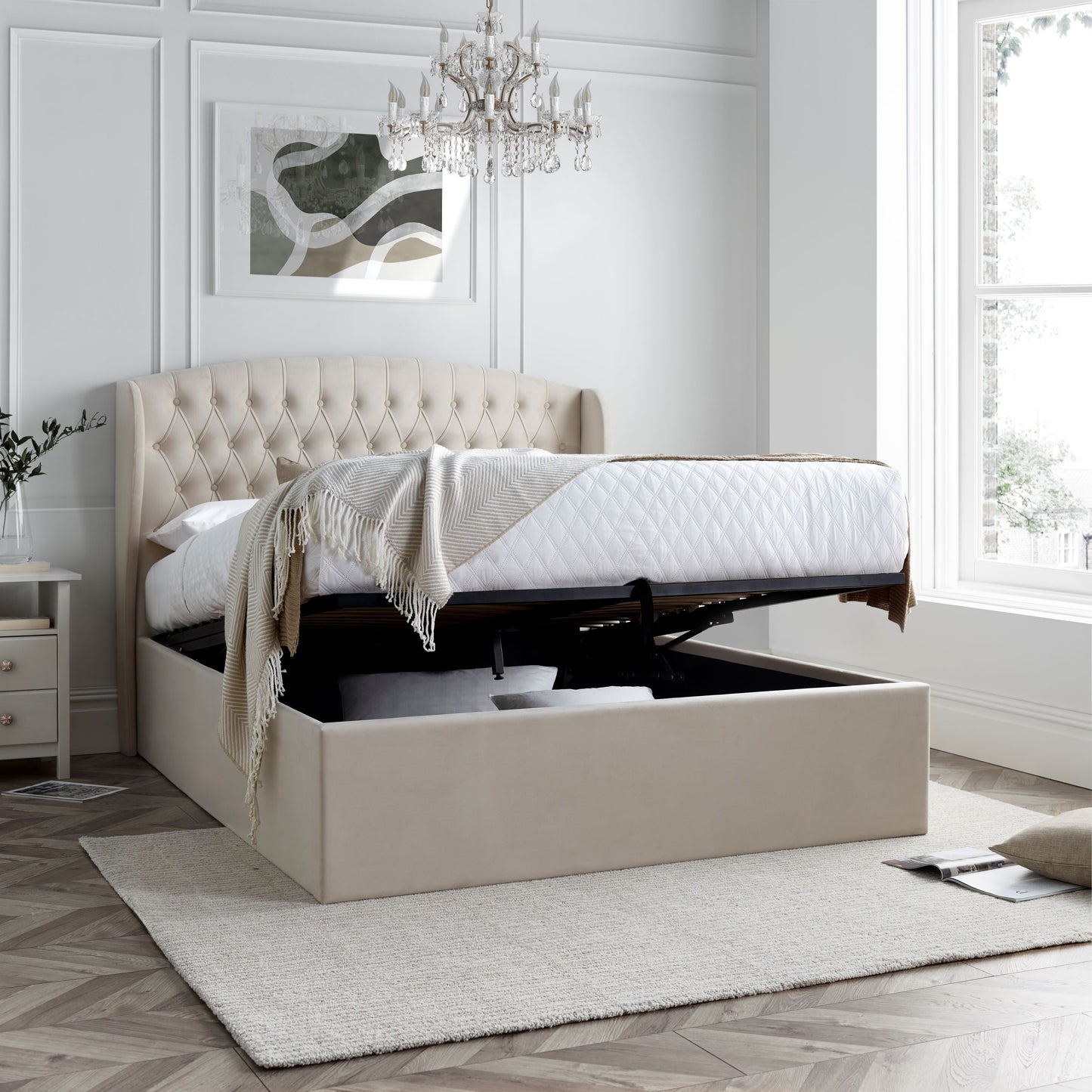 Warwick Velvet Ottoman Bed (Oatmeal, Grey)