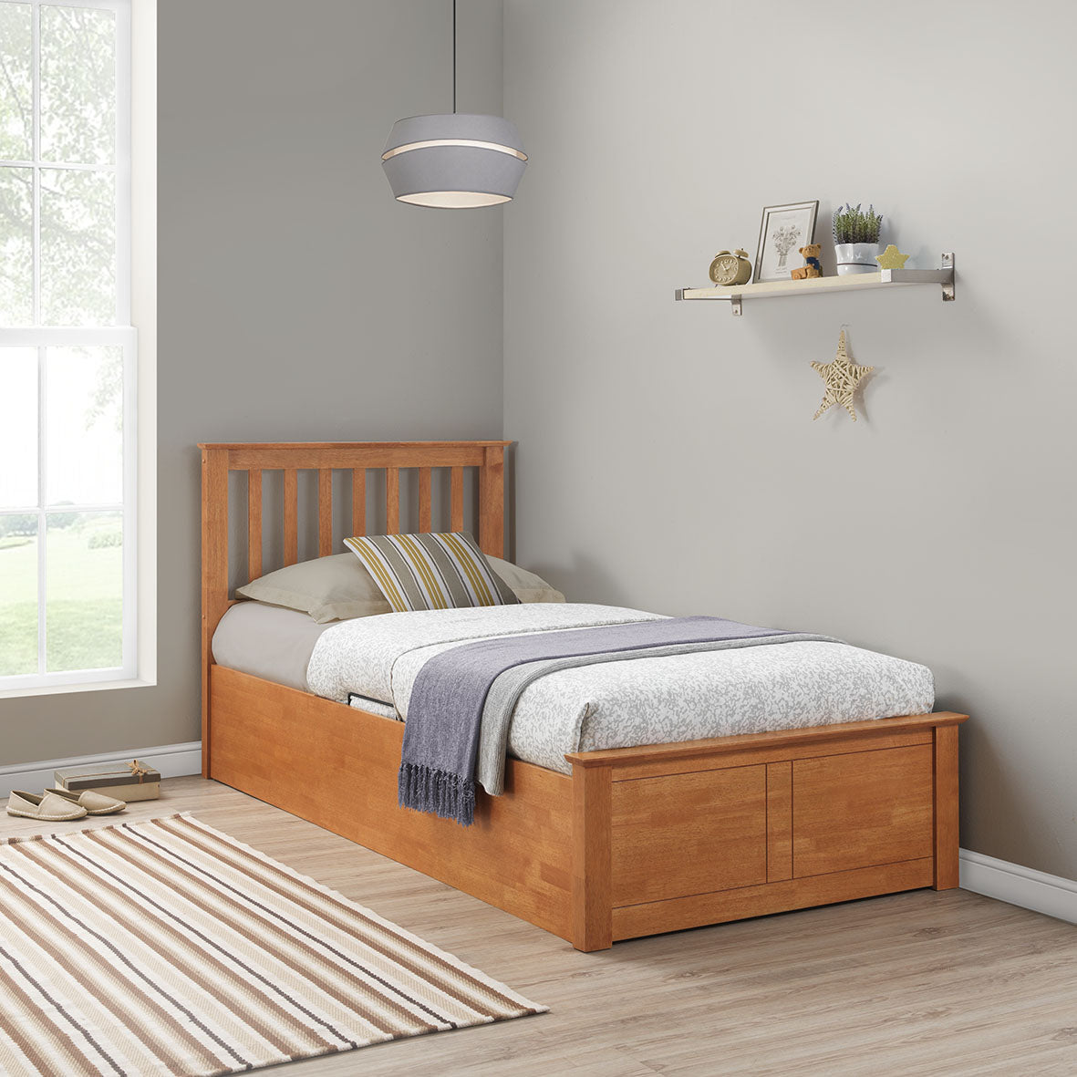 Francis Wooden Single Ottoman Bed (white, grey, oak)