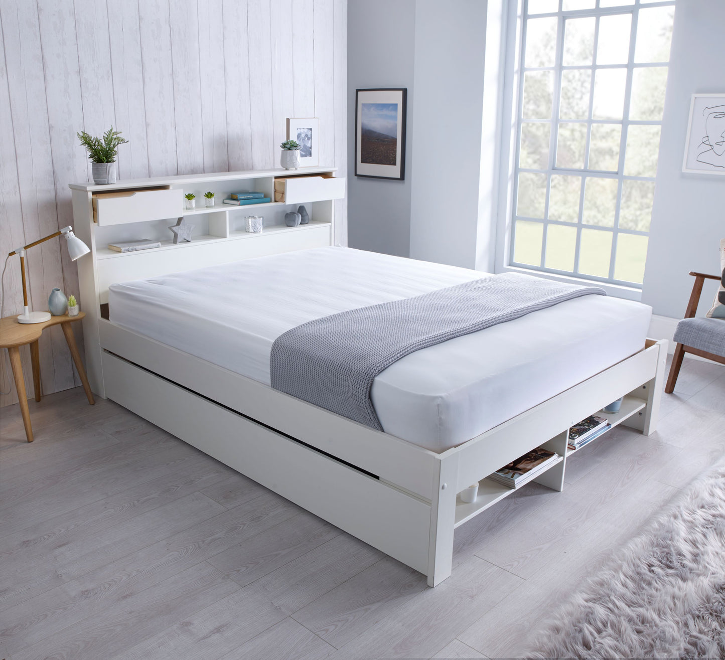 Fabio wooden bed with plenty of storage space (white, grey)