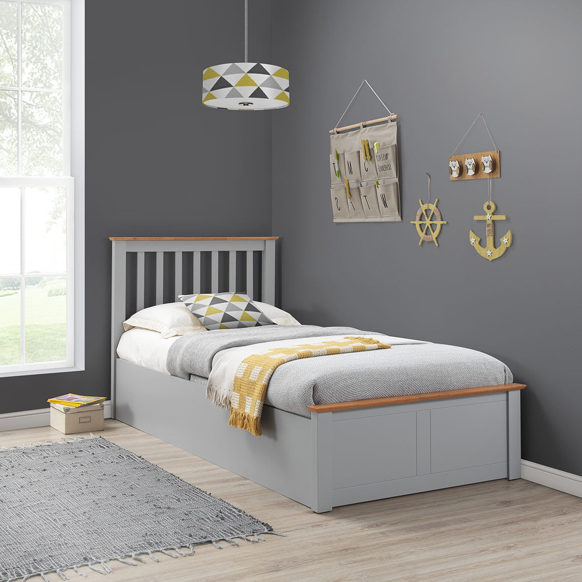 Francis Wooden Single Ottoman Bed (white, grey, oak)