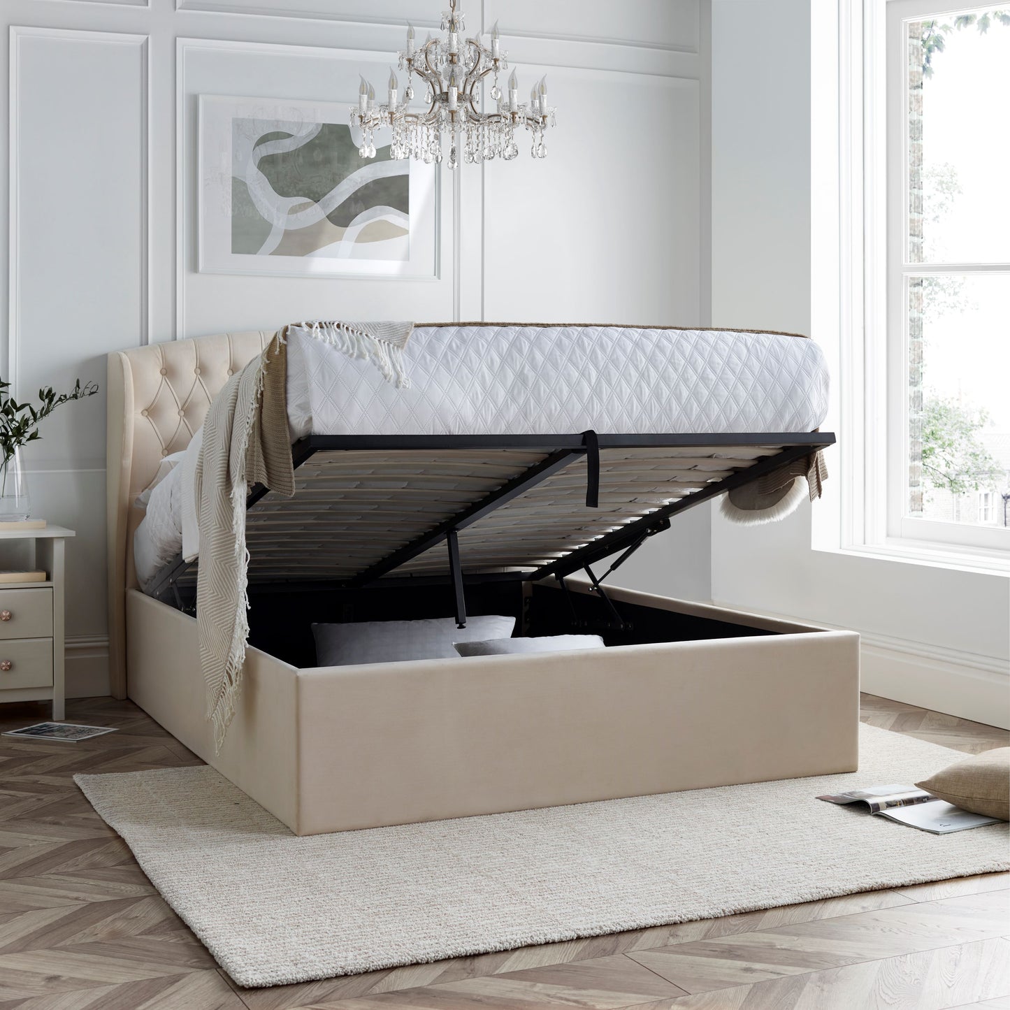 Warwick Velvet Ottoman Bed (Oatmeal, Grey)