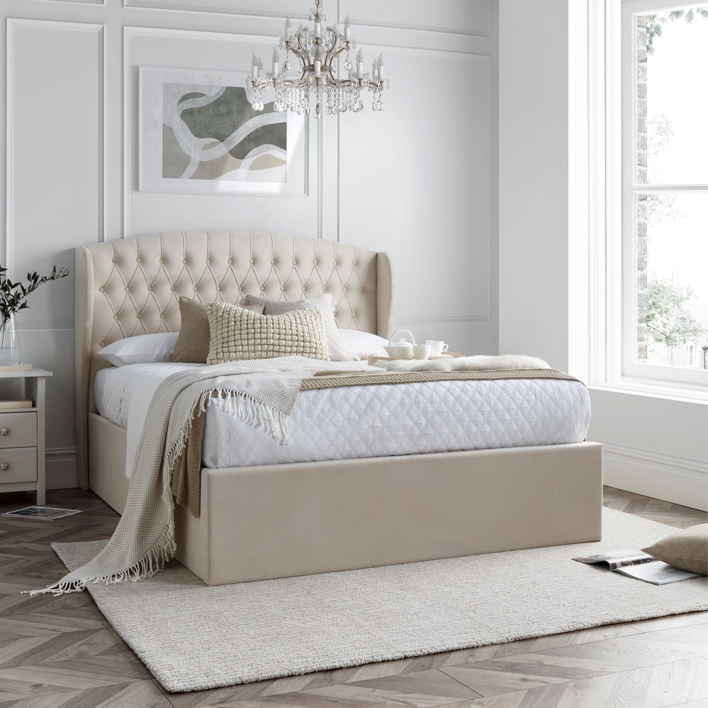 Warwick Velvet Ottoman Bed (Oatmeal, Grey)