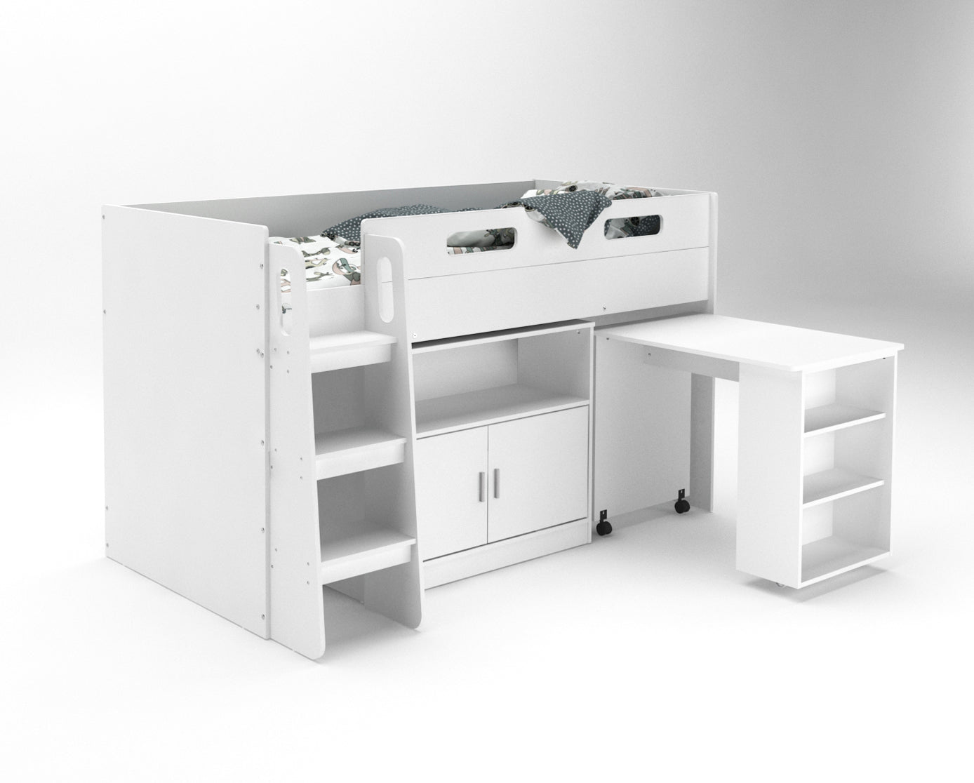 Storage Mid Sleeper with Desk and Cupboard (White)