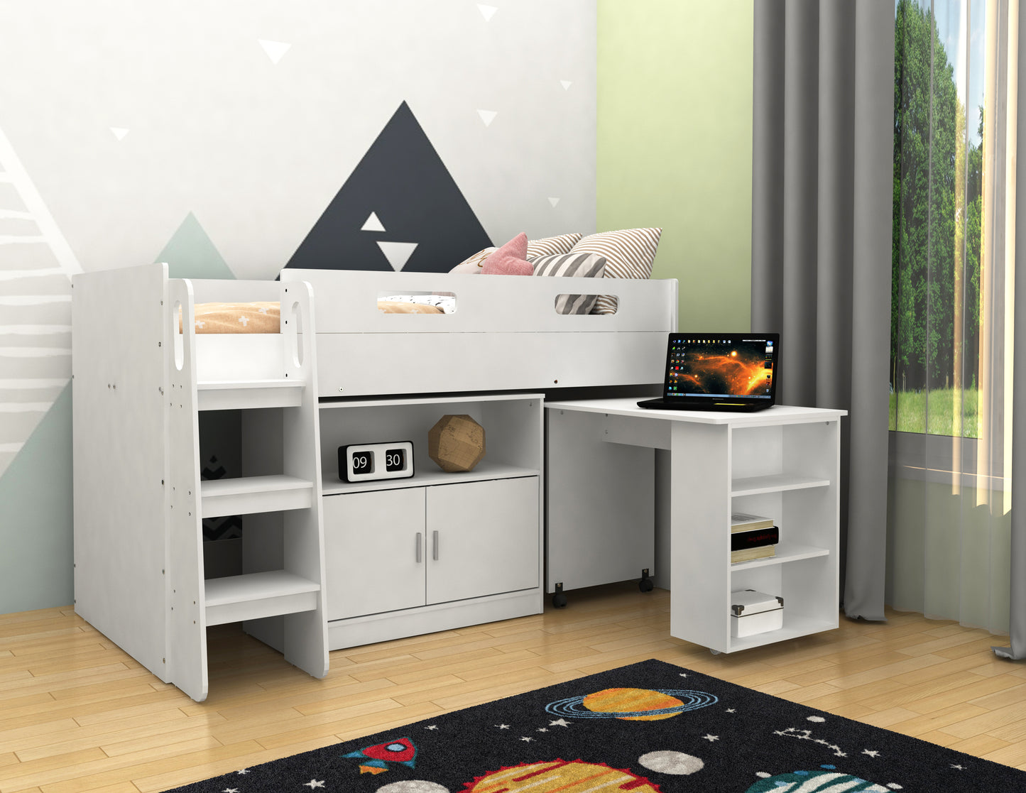 Storage Mid Sleeper with Desk and Cupboard (White)