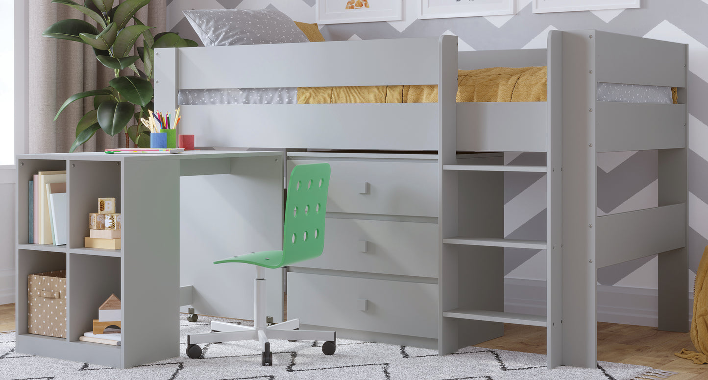 Childrens Mid Sleeper Bed with Desk and Cupboard (White or Grey)