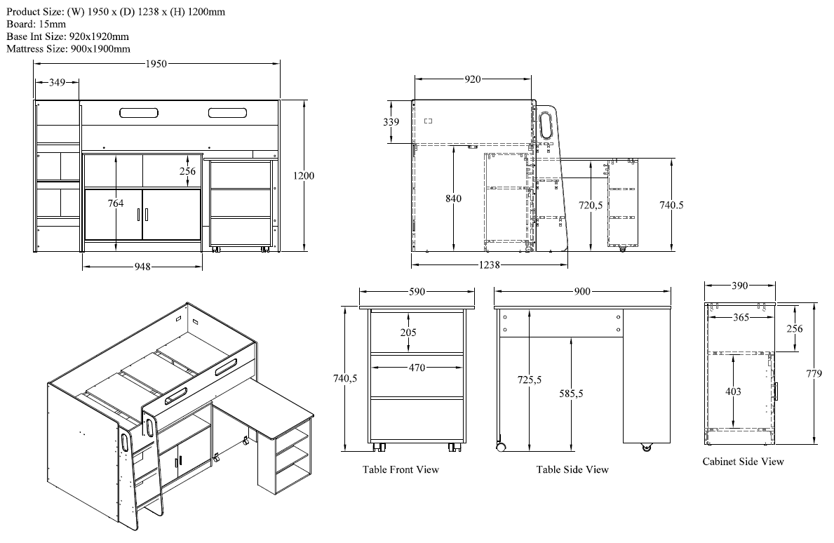 Storage Mid Sleeper with Desk and Cupboard (White)