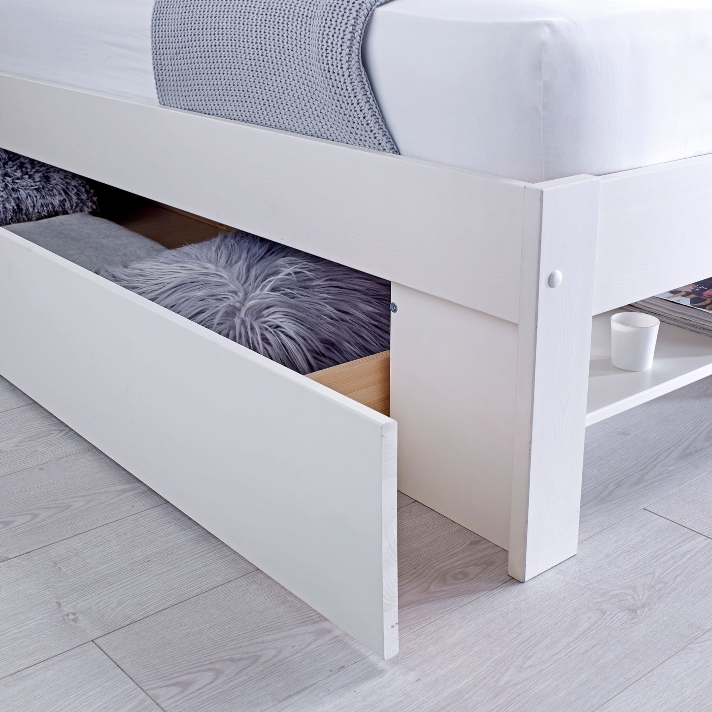 Fabio wooden bed with plenty of storage space (white, grey)