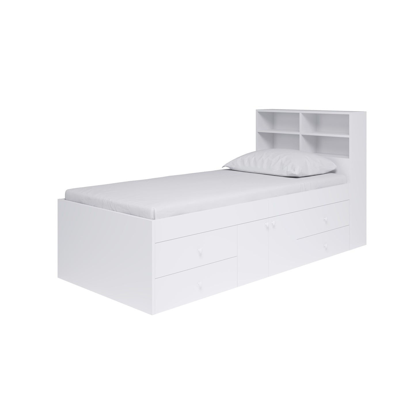 Kid Bed - Multi Drawer Single 3ft Cabin Bed with Bookcase Headboard (White)