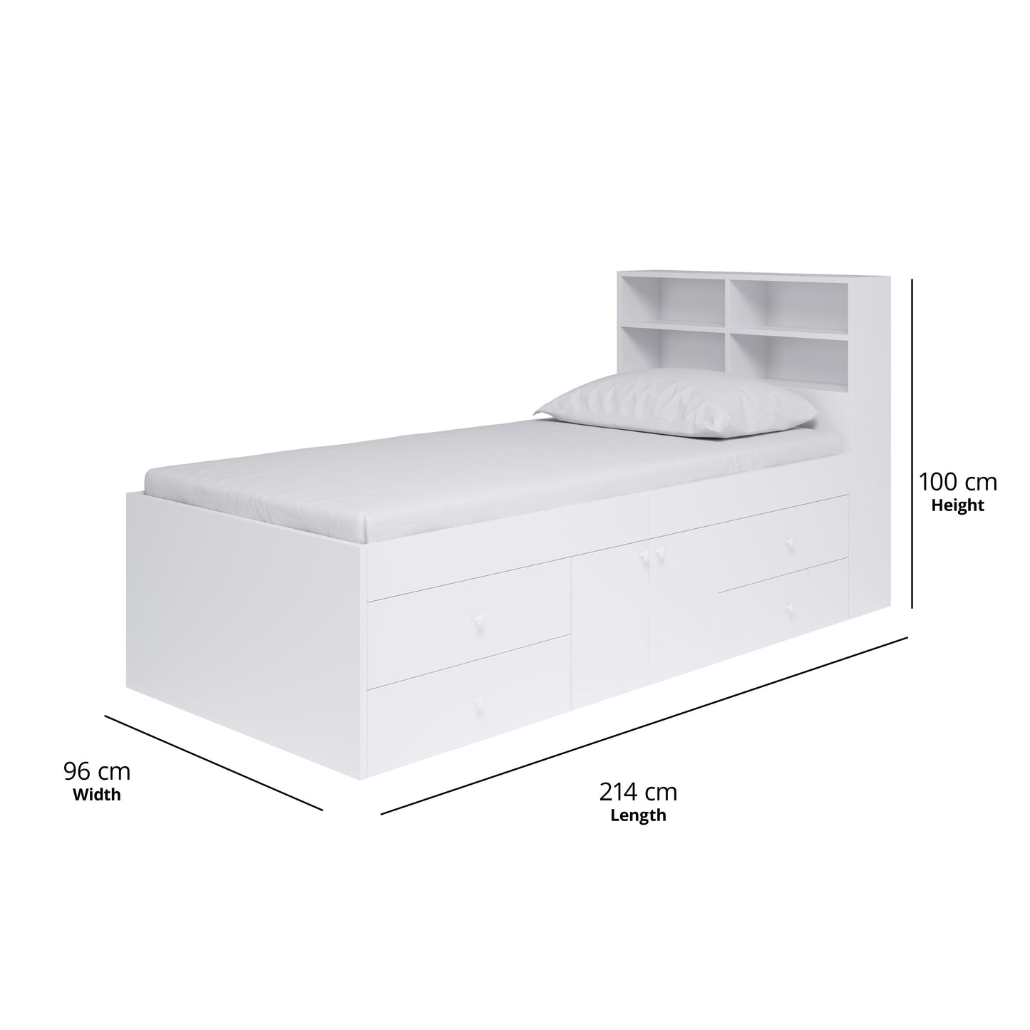 Kid Bed - Multi Drawer Single 3ft Cabin Bed with Bookcase Headboard (White)