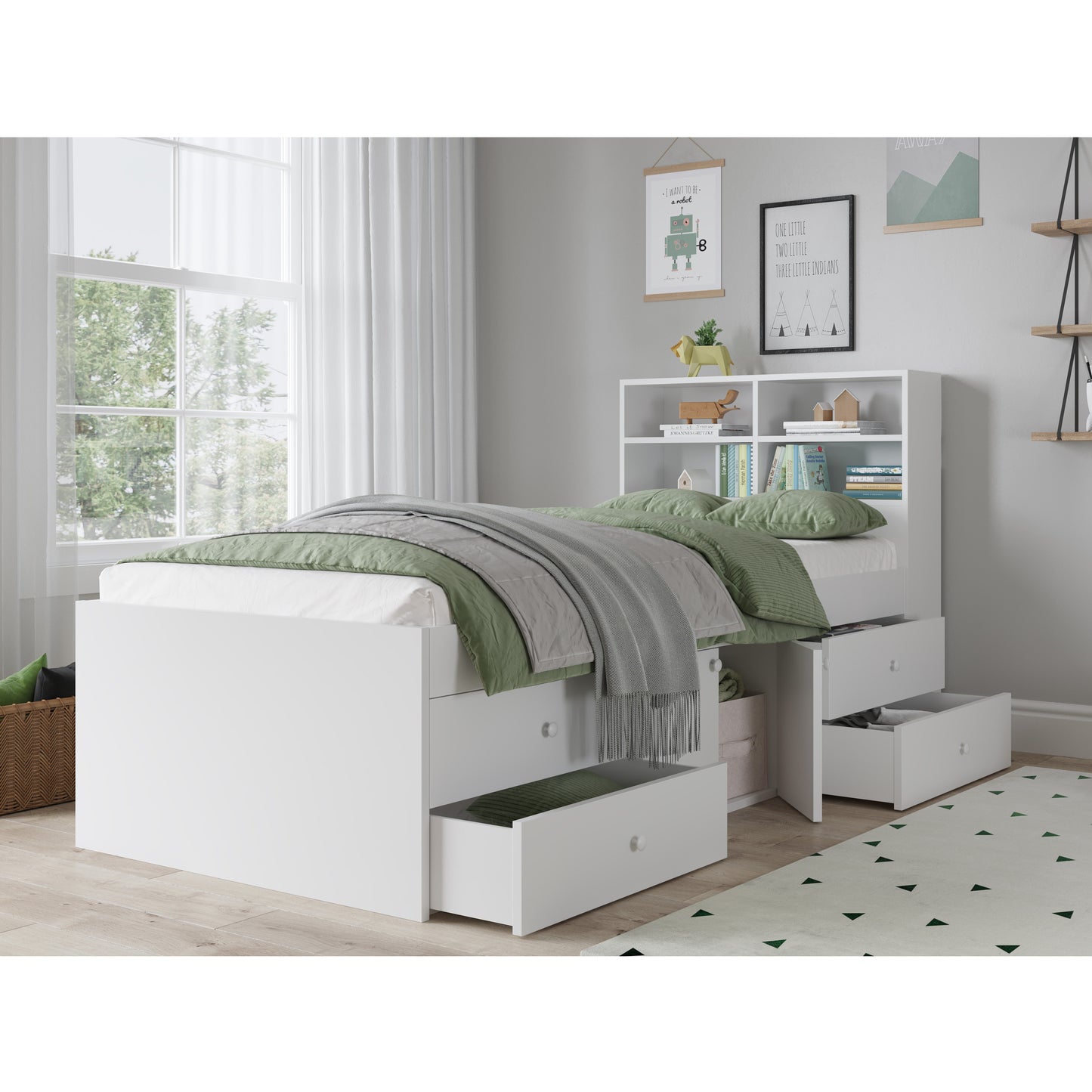 Kid Bed - Multi Drawer Single 3ft Cabin Bed with Bookcase Headboard (White)