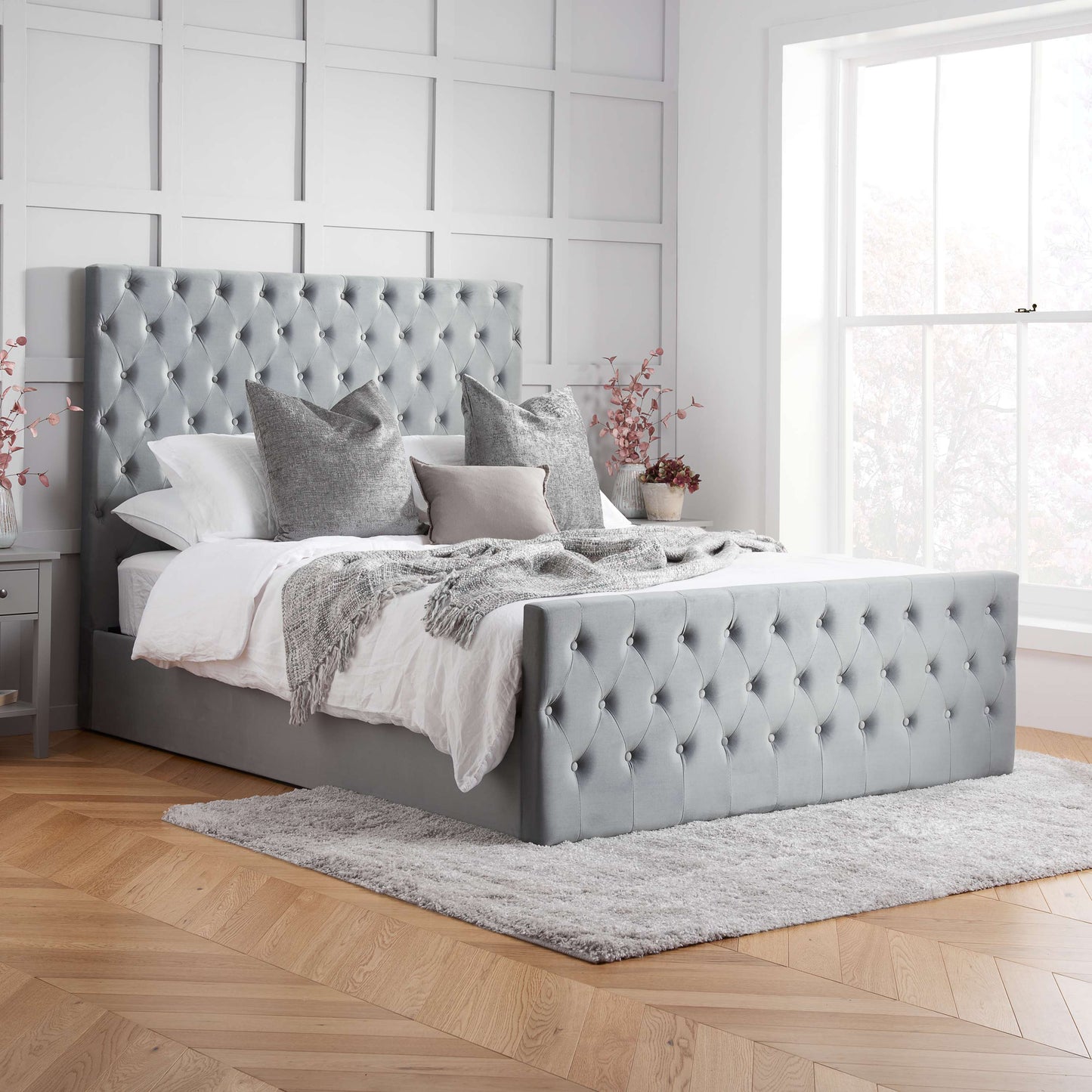 MARQUIS Grey Velvet Ottoman Bed